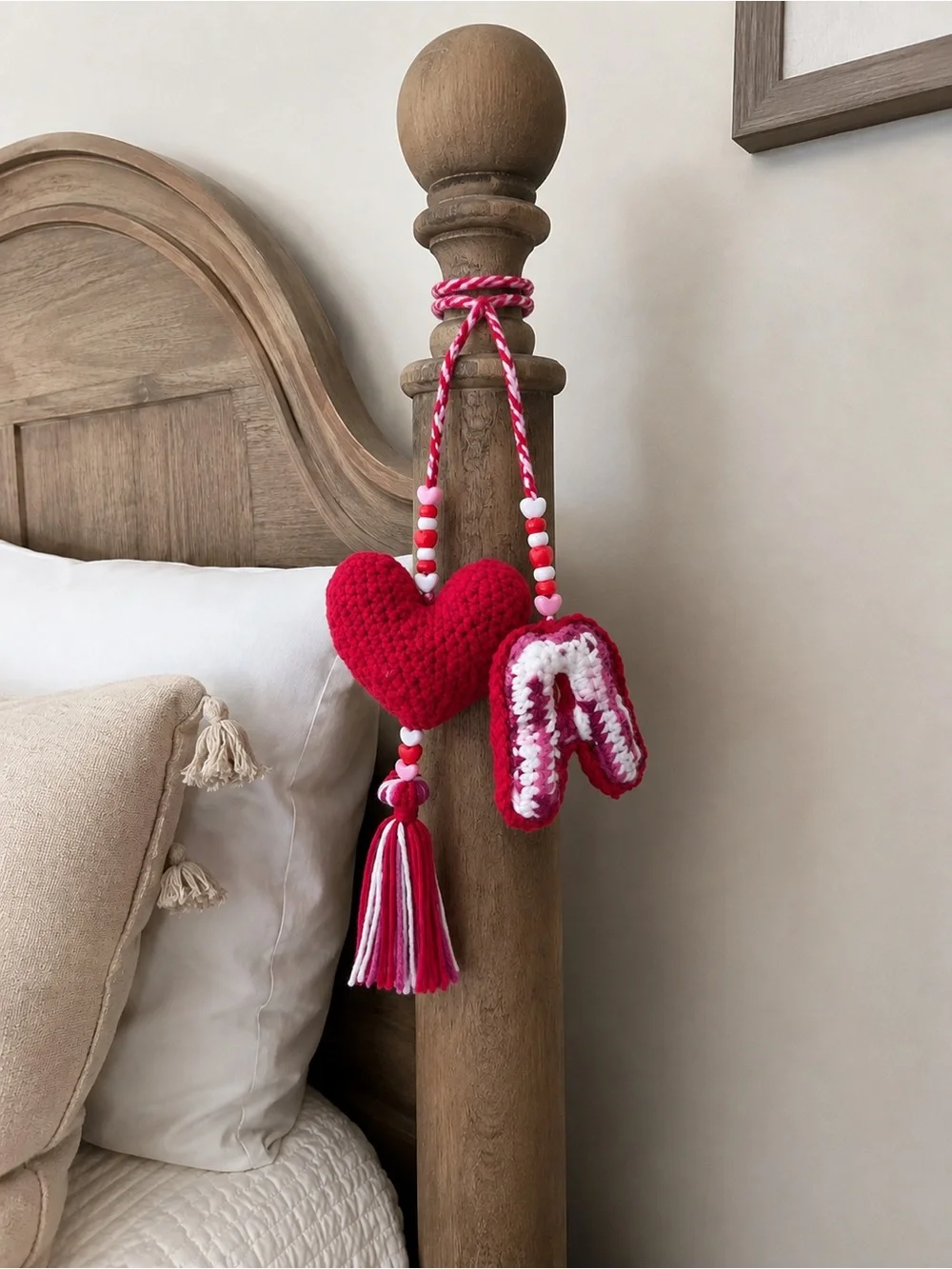 Red Crochet Heart Keychain with Pink Letter A Charm